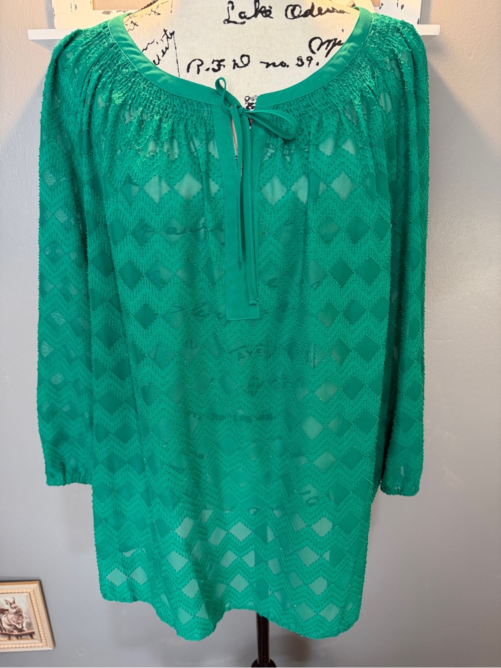 CROFT & BARROW GREEN CHEVRON LACE PEASANT BLOUSE SZ XXL
